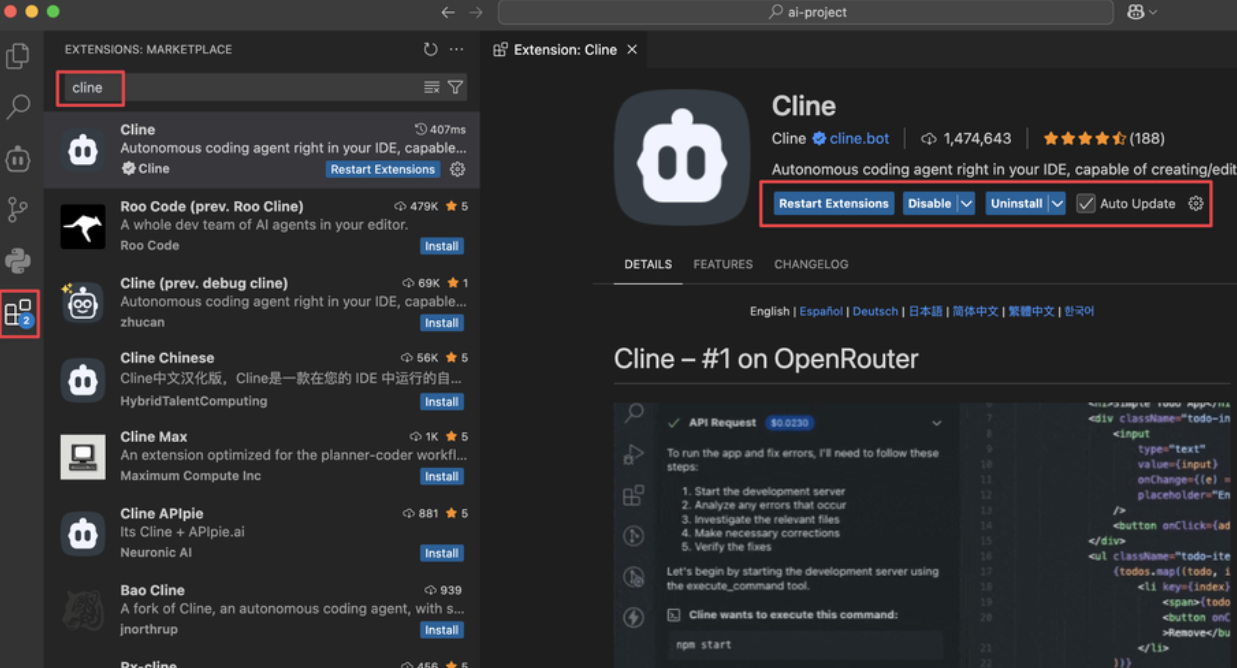 Install Cline in VS Code